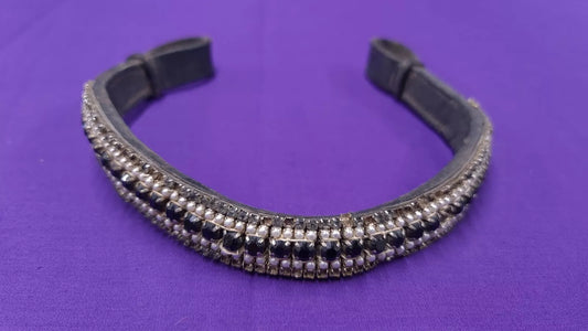 Black Leather Browband With Black White And Silver Gems Size Cob