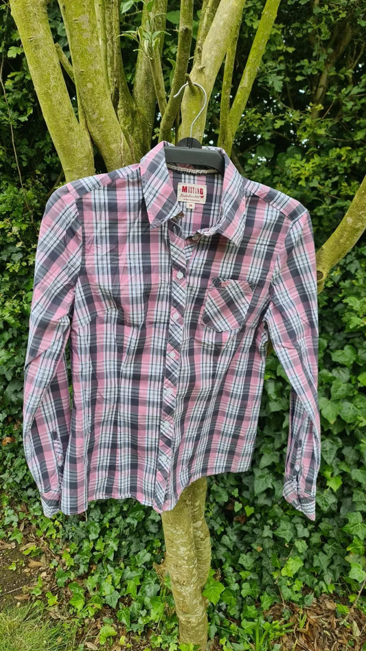 Ladies Shirt Mustang Chequered Size 38" Grey White and Pink