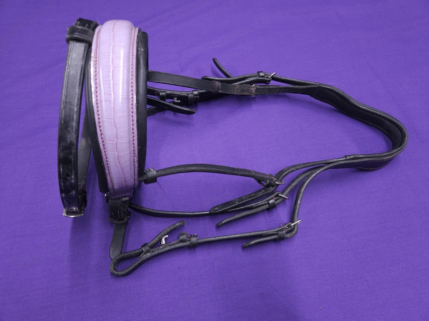 Pony Size Black Horse Bridle With Crank Lilac Noseband And Flash BR430