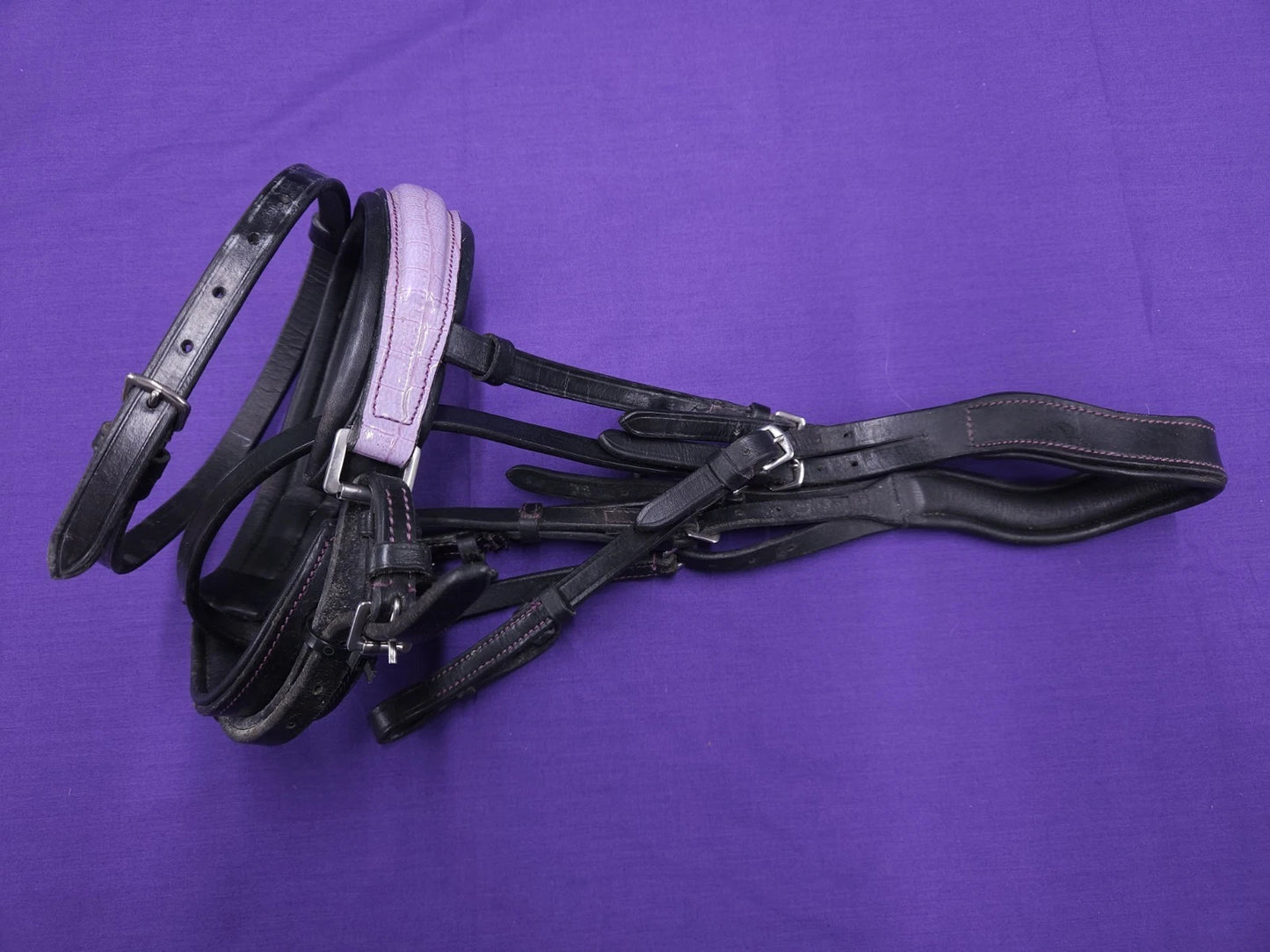 Pony Size Black Horse Bridle With Crank Lilac Noseband And Flash BR430