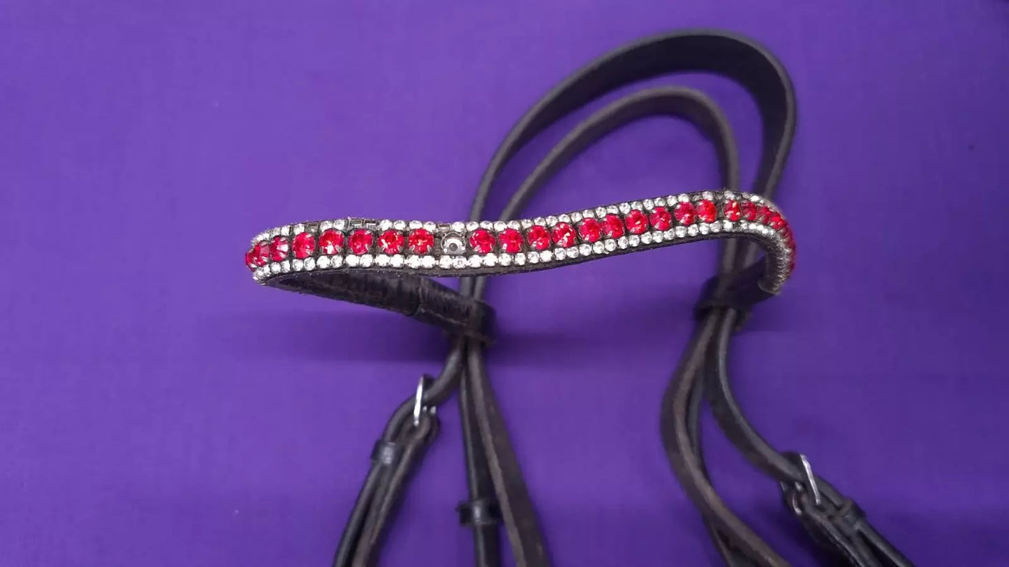 Black Leather Full Sized Bridle With Red Blingy Browband And Reins