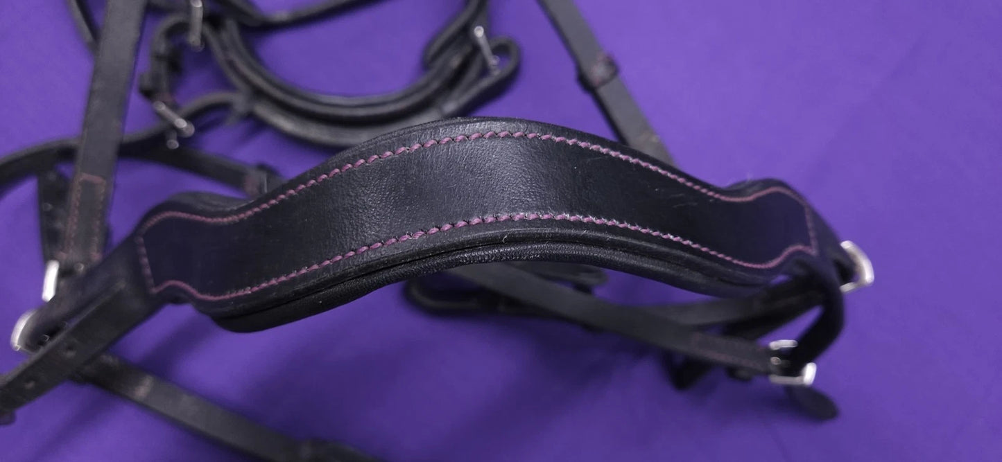 Pony Size Black Horse Bridle With Crank Lilac Noseband And Flash BR430