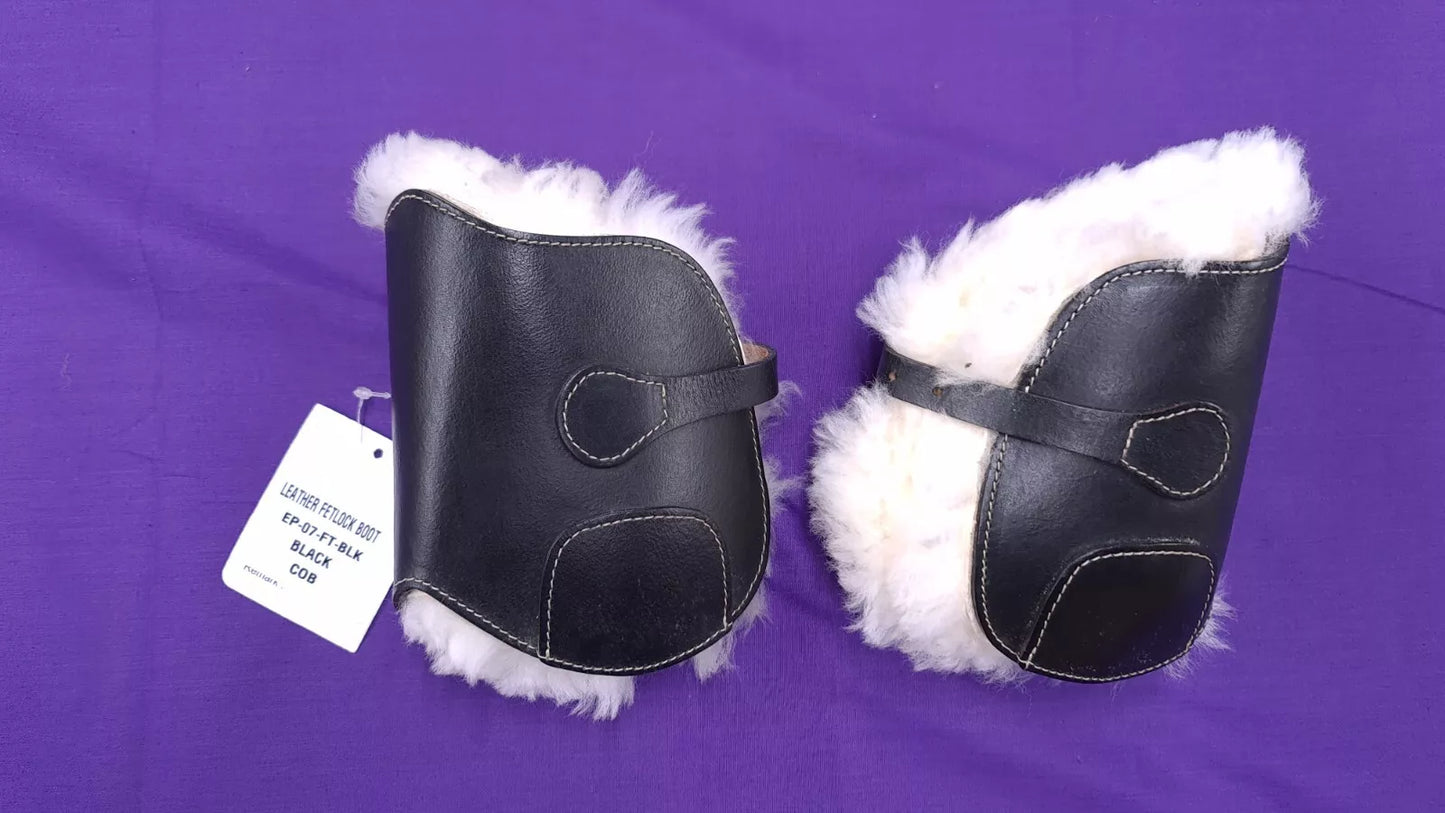 Fetlock Boots Fleece Lined Leather Black Cob AKI